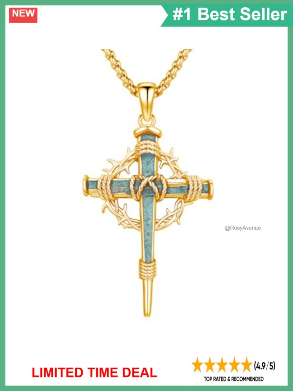 Gold Plated Sterling Silver Wood Cross Necklace 22 Inch Rolo Chain